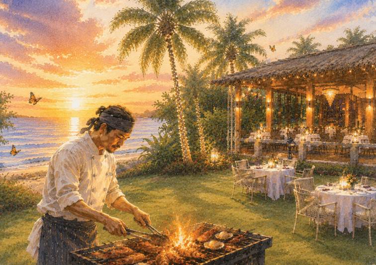 chef grills barbecue in the garden
