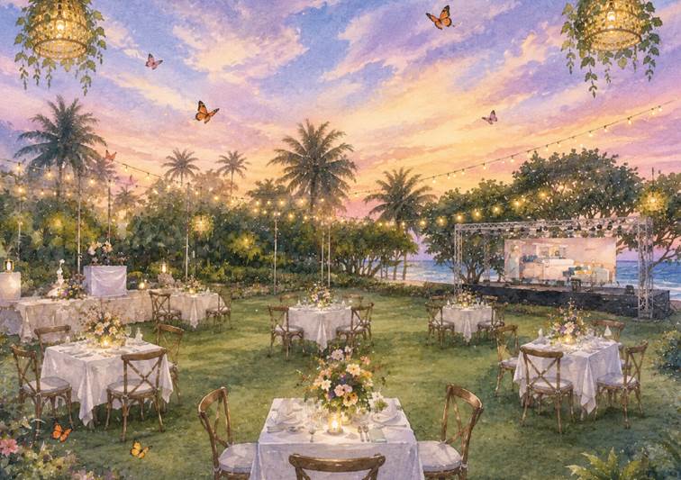 tables in the garden at sunset