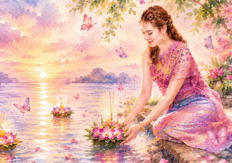 woman floats a krathong onto water