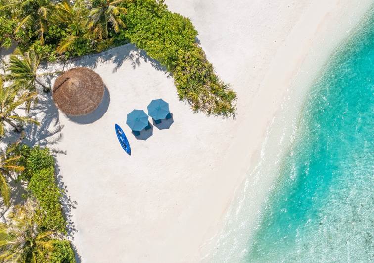 Aerial view of Private Beach of the Two Bedroom Beach Pool Residence at Naladhu Private Island Maldives